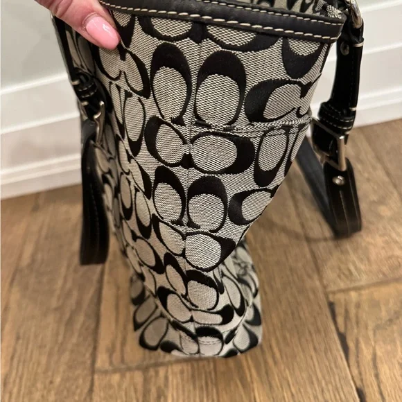 Coach Black & Grey Signature Canvas Tote with Leather Trim - Picture 6 of 10